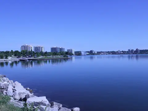 The rocky shoreline of the Barrie waterfront on Kempenfelt Bay