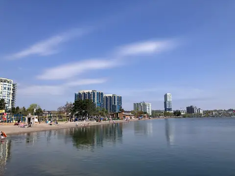 The Barrie lakeshore and towers on Lake Simcoe