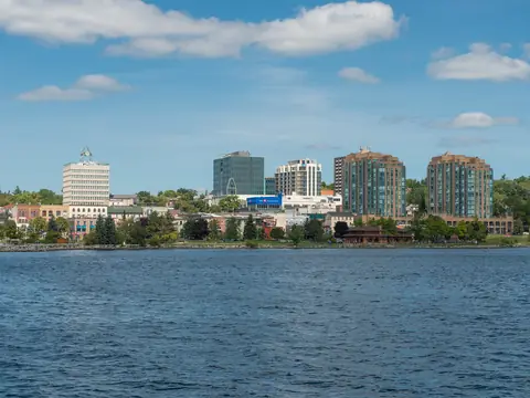 Downtown Barrie seen across Kempenfelt Bay on a summer day